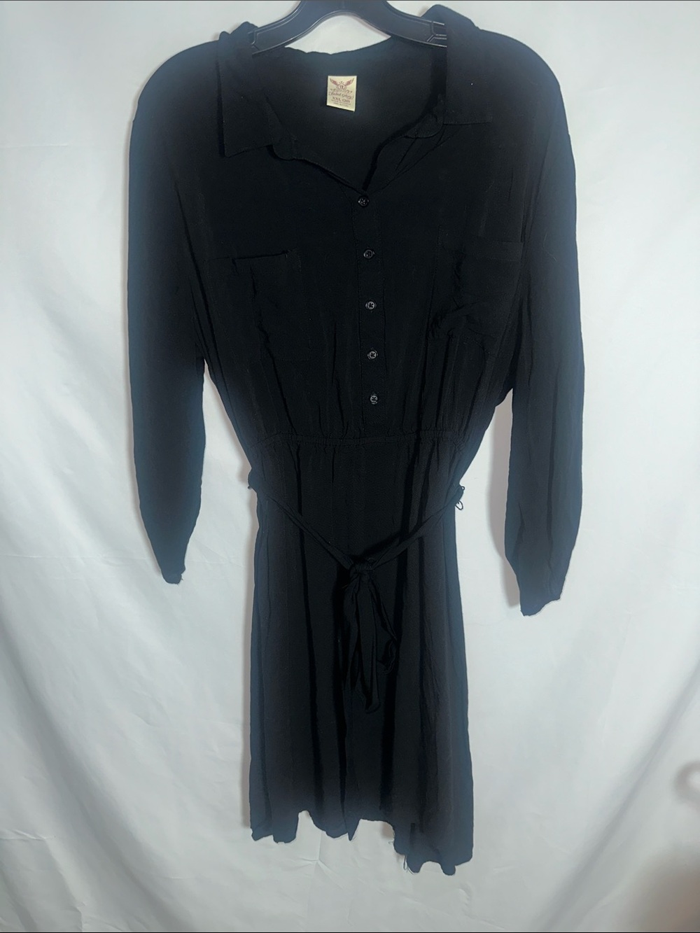 Faded Glory Black Long-Sleeve Button Front Tie-Waist Dress